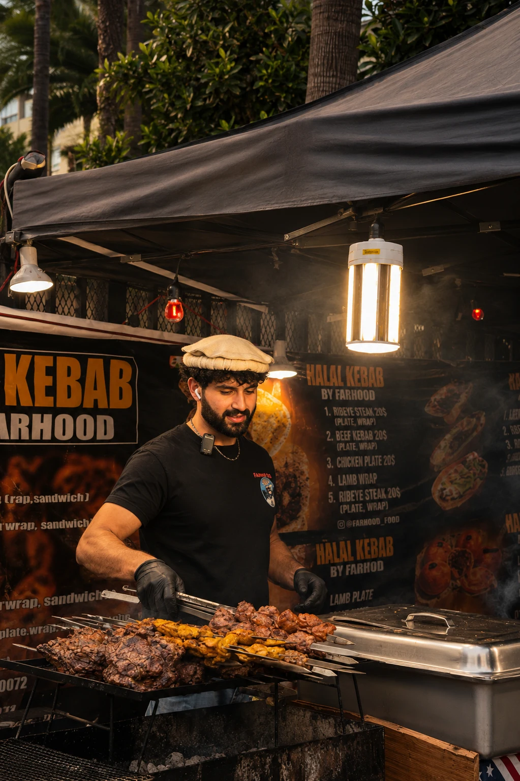 Farhod holding freshly grilled kebab skewers at his stand